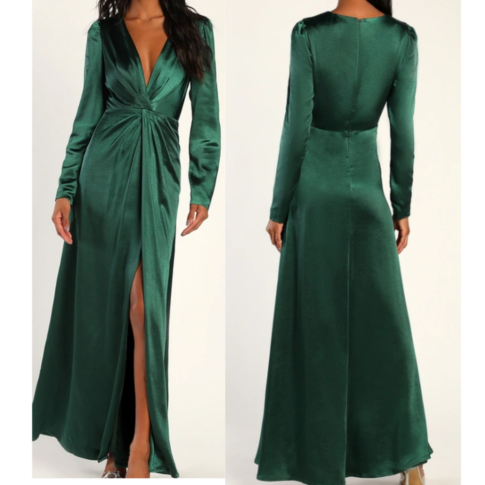 LULU'S XS Endearing Elegance Emerald Green Satin Long Sleeve Maxi Dress B91